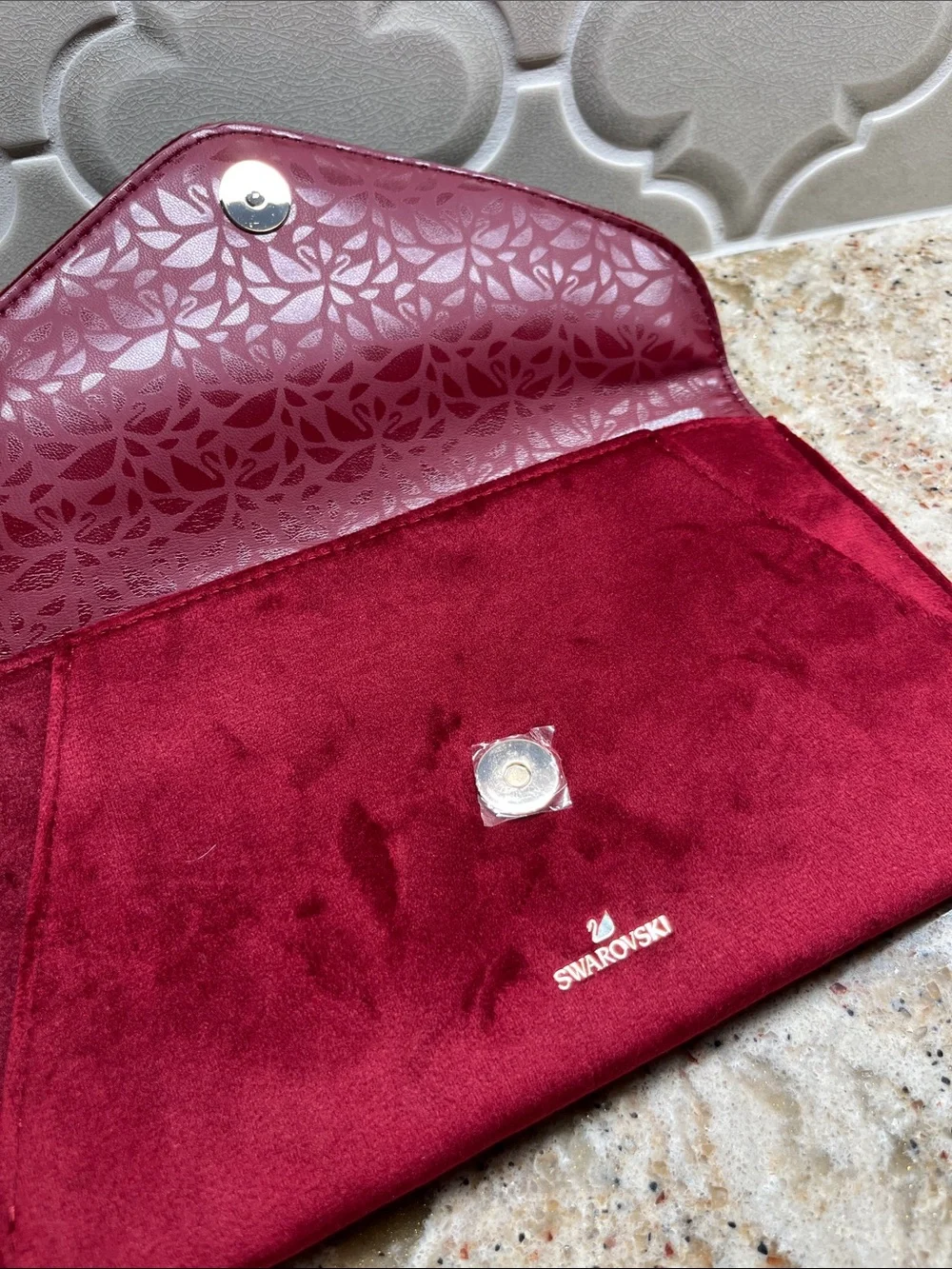 Swarovski Deep Burgundy Velvet Envelope Clutch with Crystal Accent